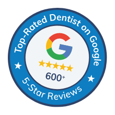 Badge that says Top Rated Dentist on Google 600 plus 5 star reviews