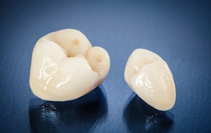 Two dental crowns prior to placement